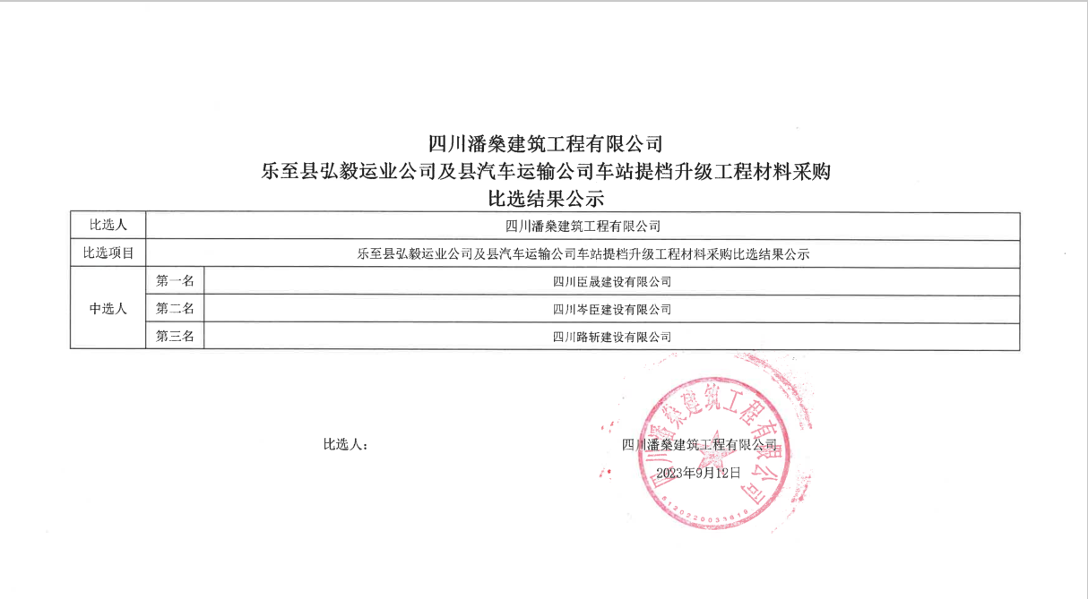 乐至县弘毅运业公司及县汽车运输公司车站提档升级工程材料采购比选结果公示