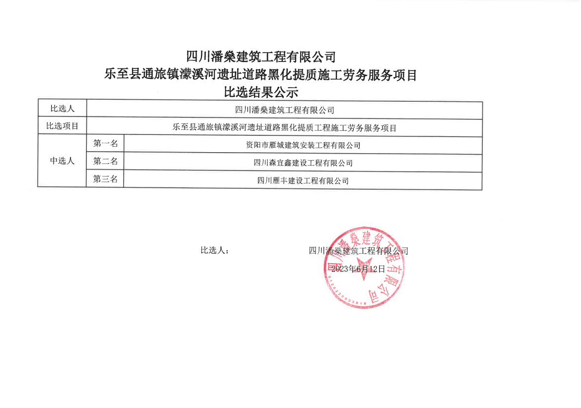 乐至县通旅镇濛溪河遗址道路黑化提质施工劳务服务项目比选结果公示6-12