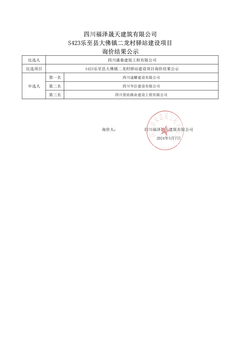 S423乐至县大佛镇二龙村驿站建设项目询价结果公示_1